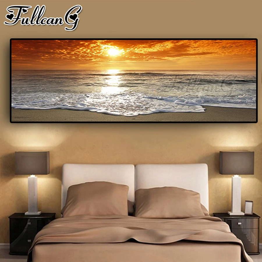 

FULLCANG Sunset calm sea landscape diy 5d full square round diamond embroidery sale large mosaic painting decoration FC2958