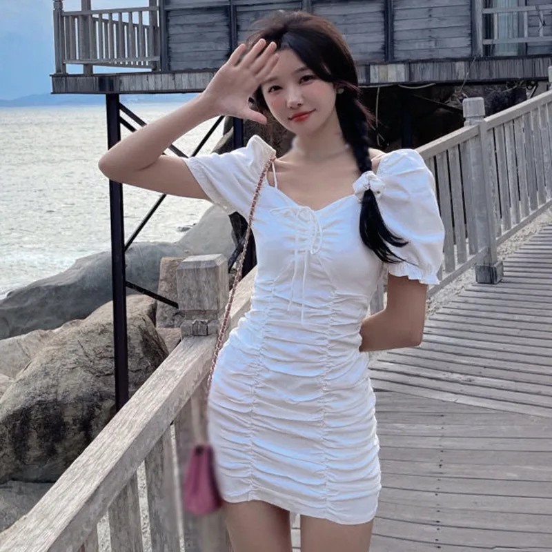 

Women Puff Short-Sleeve Pleated Hip Dresses Female Slim Tight Beach Summer Dress