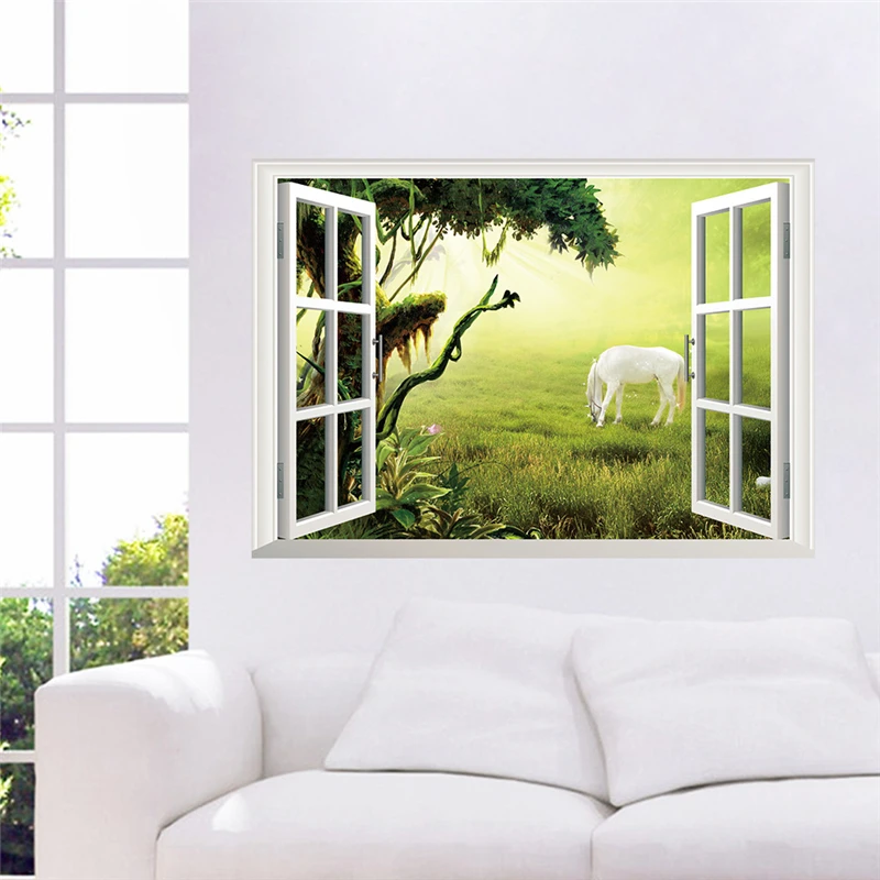 

White Horse Tree Grassland Scenery Wall Stickers For Bedroom Home Decorations 3d Window Poster Diy Animal Mural Art Pvc Decal