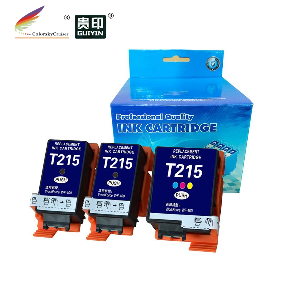 CPE215-3) T215 215 совместимый струйный картридж для Epson рабочей силы WF-100W WF-100 Black-2pcs, Tri-color-1pc(3 пакета