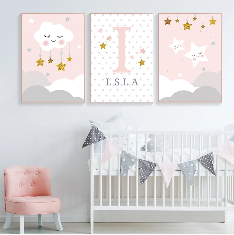 

Постер с именем девочки на заказ, Настенная картина в скандинавском стиле, принты на холсте с облаками и звездами, художественные Плакаты дл...