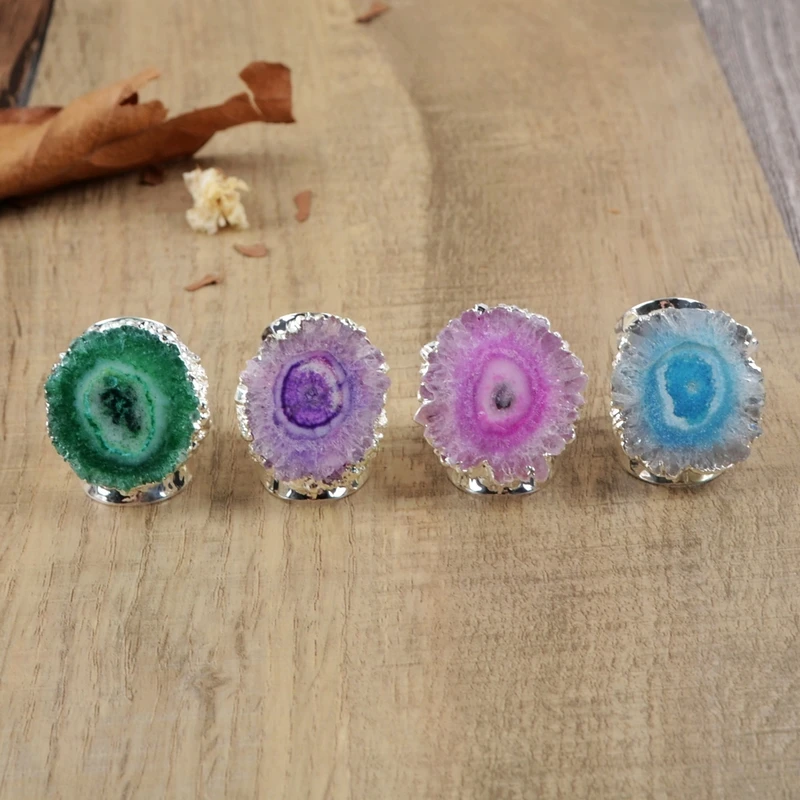 BOROSA 1 шт. Радужный цветок Солнечный Кварц Друза кольцо серебряного цвета