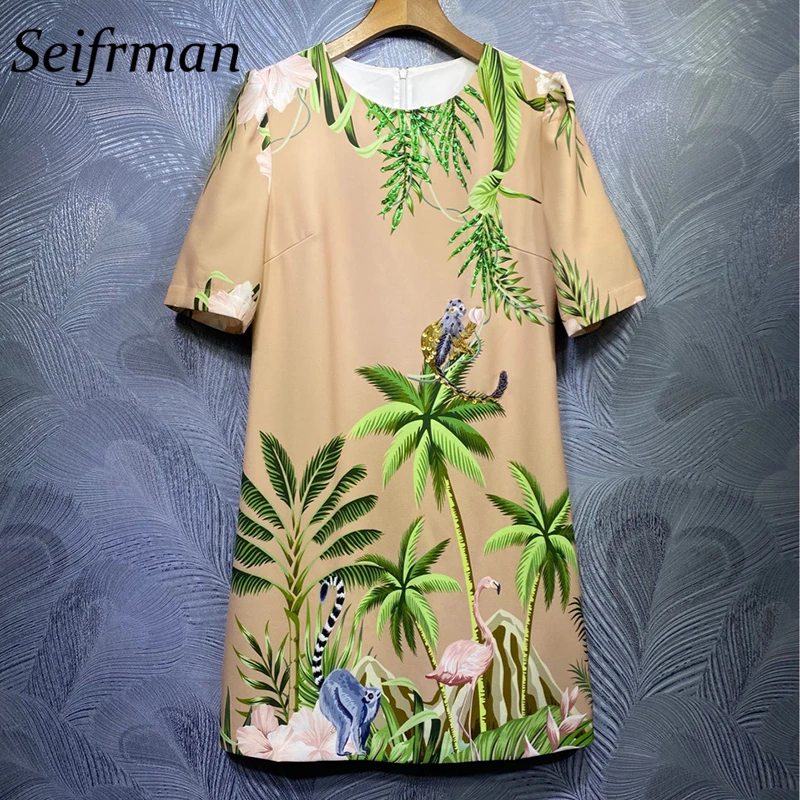 

Seifrmann Women Summer Fashion Designer Party Mini Dress Beading Beading Short Sleeve Print Ladies A-Line Dresses vestidos 2021