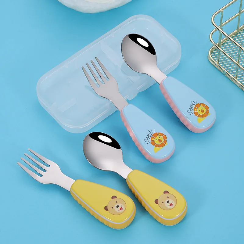 

Baby Feeding Spoon Fork Set Stainless Steel Toddler Infant Tableware Flatware Kids Cutlery without Ant-Dust Box