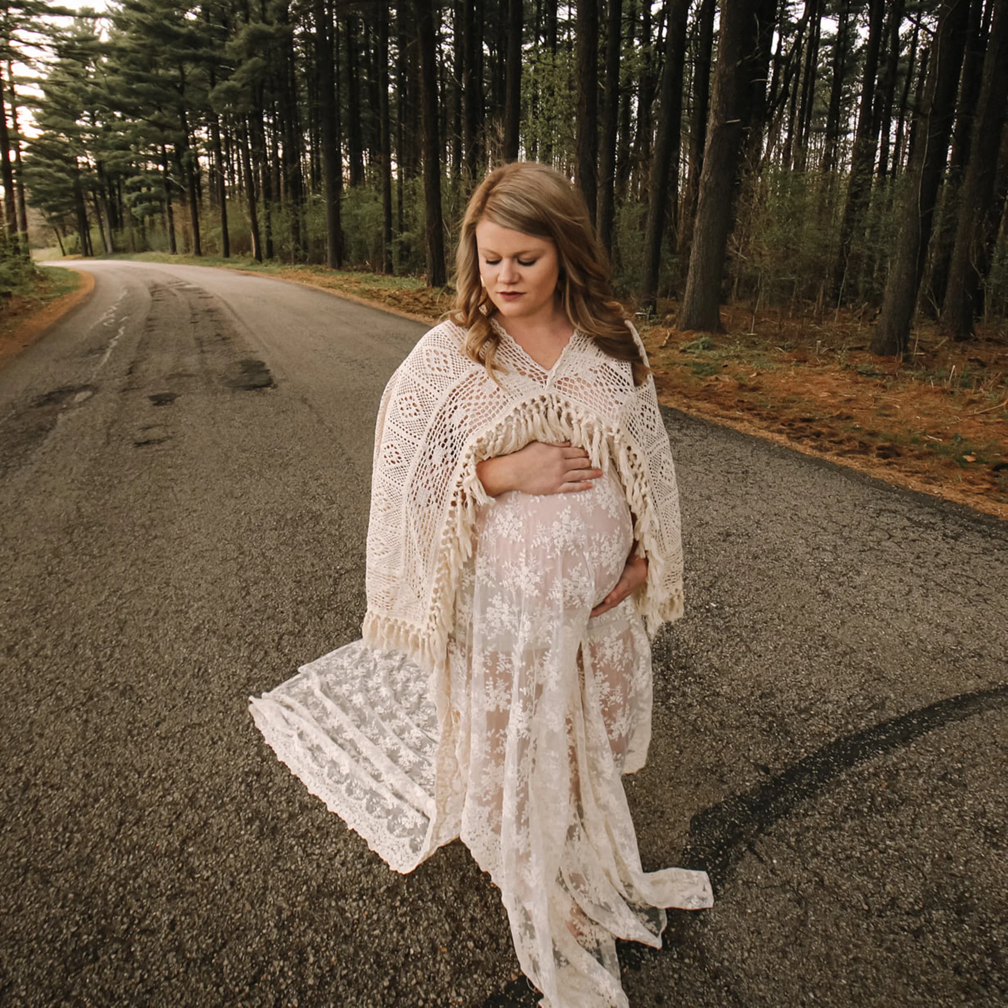 Beige Cotton Bohemian Long Bell Sleeves Maternity Dress Pregnant Gown Lace Robe for Woman Photography Prop Baby Shower Costume