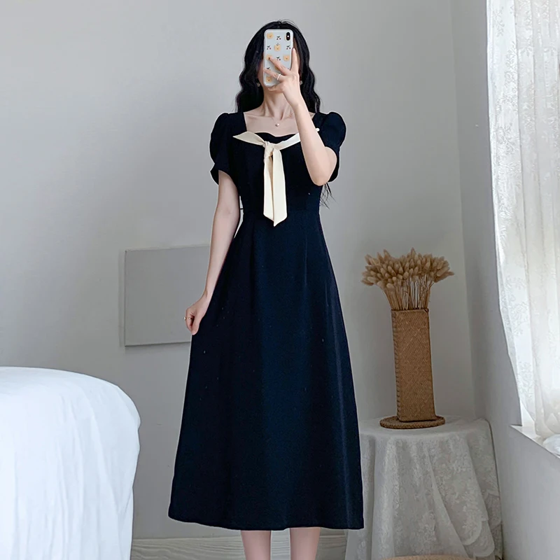 

COIGARSAM French Style Short Sleeve Women dress Belt Dresses Dark Blue 6856