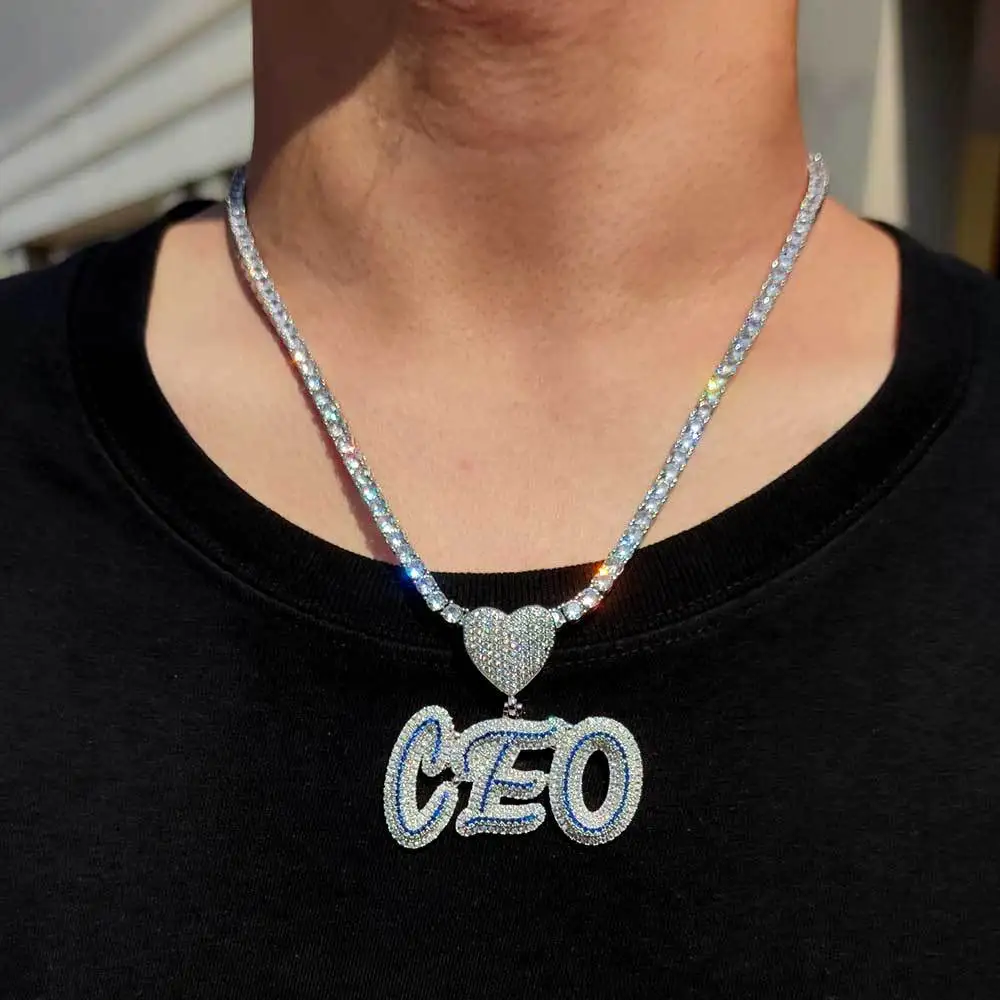 Csutom Cursive Letter With Heart Clasp Iced Out Cuban Chain Name Necklace Chain Cubic Zirconia Fashion Hiphop Jewelry