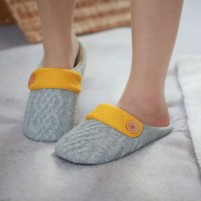 

Mo Dou Autumn Winter Home Slippers Mute Indoor Bedroom Shoes Wool Fabric Breathable Vamp Soft TPR Sole Men Women Couples Light