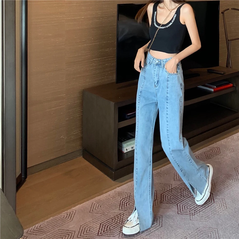 

Straight Mom Jeans Women 2021 Autumn Spring Fashion Split Jeans Plus Size High Waist Wide Leg Street Wear Denim Trouser Girls