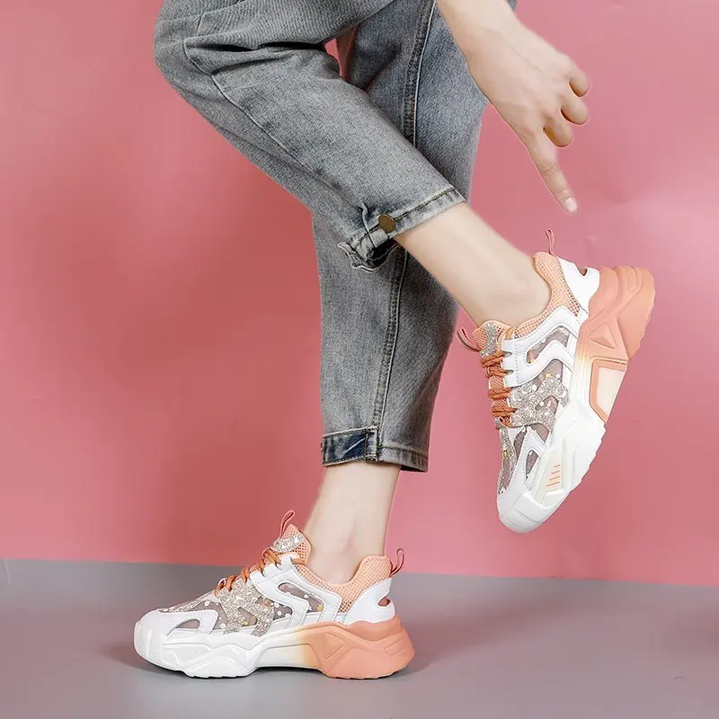 

New Autumn Thick Bottom Chunky Sneakers Women Shoes High Heels Platform Shoes Woman Lace Up Breathable Air Mesh Casual Shoes