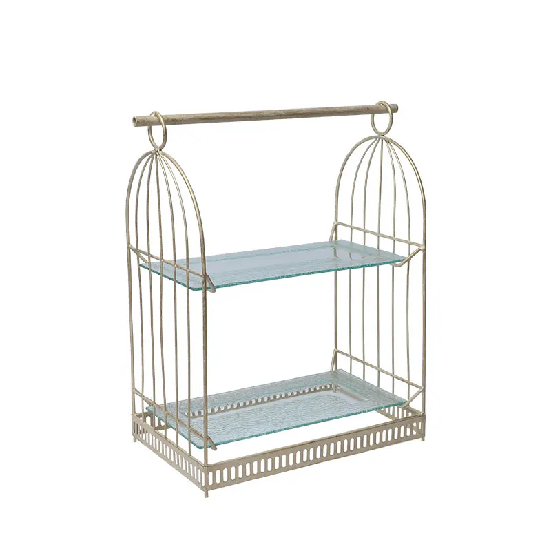 

European style iron birdcage cold dinner plate double tea break dessert table wedding decor buffet display shelf glass plate