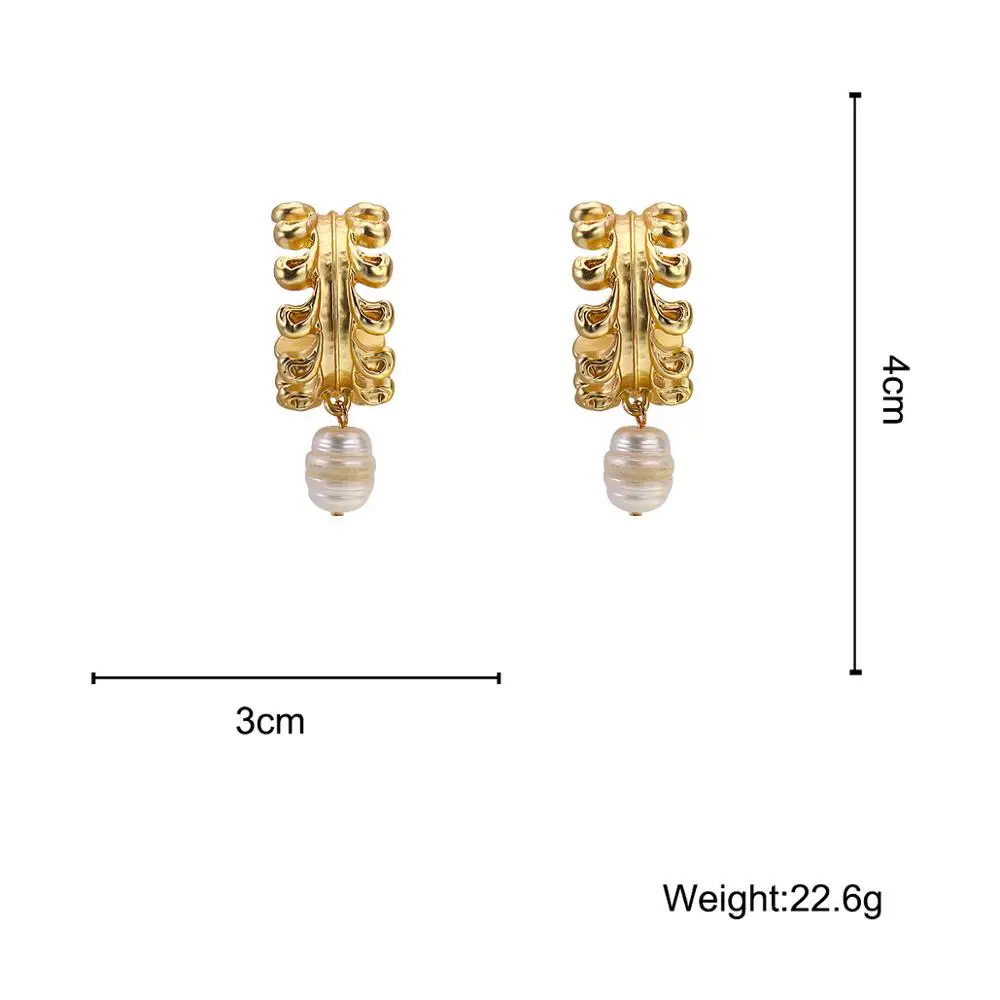 

AMORCOME Vintage Gold Round Wave Leaf Hoop Earrings for Women Bijoux Geometric Fresh Water Pearl Earrings Statement Jewelry Gift