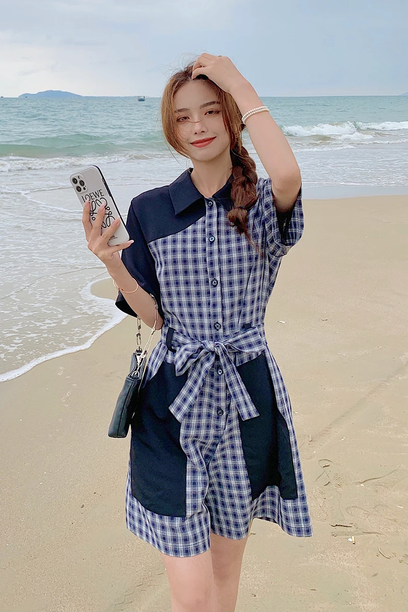 

2021 Summer Shorts Jumpsuit Women Fashion Splice Plaid Korean Elegant Loose Casual Bandage One Piece Shorts Overalls Romper