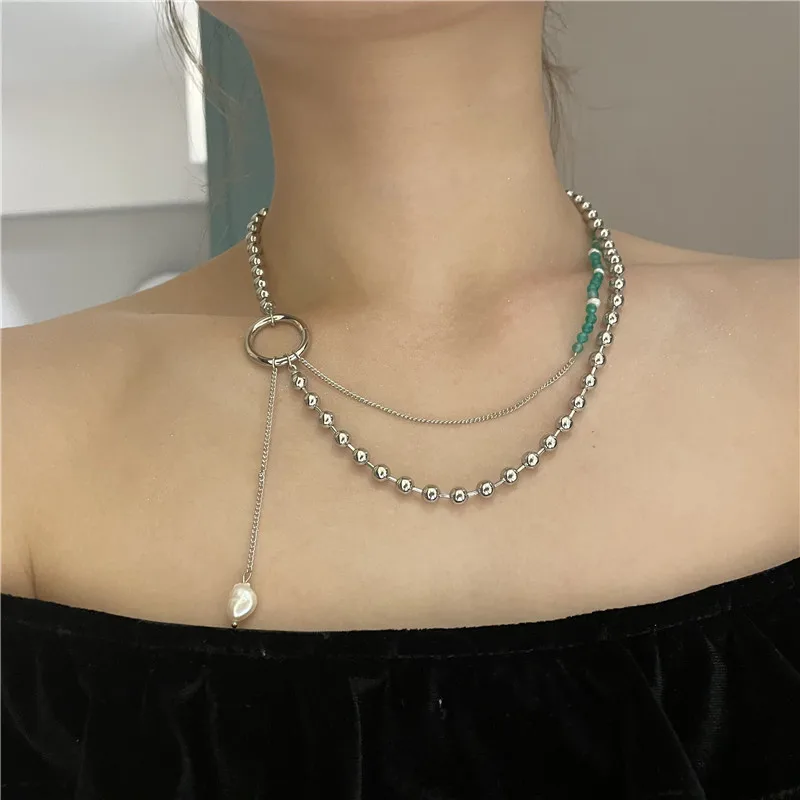 

Light Luxury Retro Green Tourmaline Stone Round Bead Chain Stitching Double Layered Pearl Necklace Necklace Female New Style