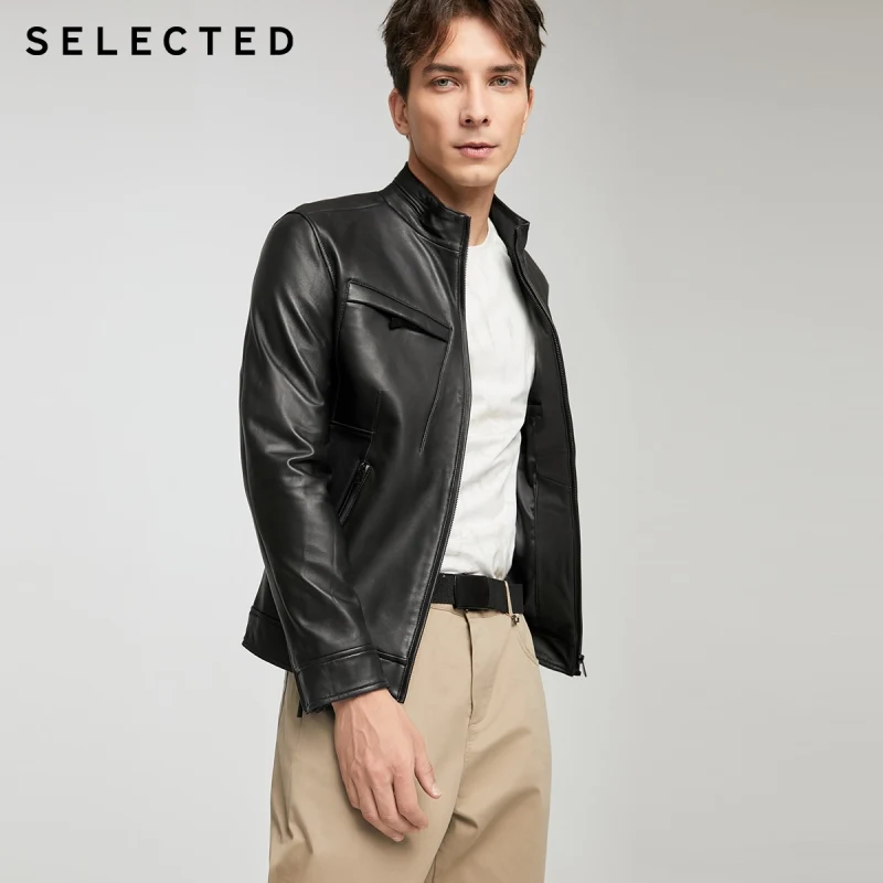 

SELECTED Sheepskin Stand Collar Outwear Men's Multiple-pockets New Leather Jacket S|420310007