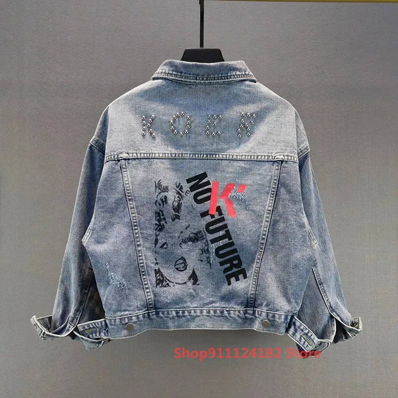 

Женская джинсовая короткая куртка, новый стиль весна-осень 2021, тонкий и маленький Топ с длинным рукавом и принтом в виде бисера в европейско...