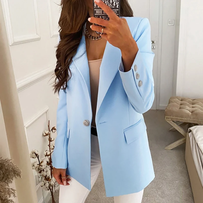 

Elegant Solid Blazer Coats Office Lady Turn-Down Collar Women Outerwear Suit Autumn Casual Simple Long Sleeve Cardigan Jackets