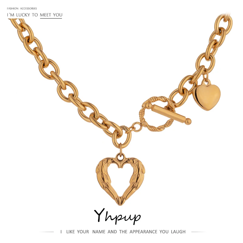 

Yhpup Golden Stainless Steel Heart Collares Statement Metal Texture Geometric Chain Collar Necklace Women Anniversary Gift New