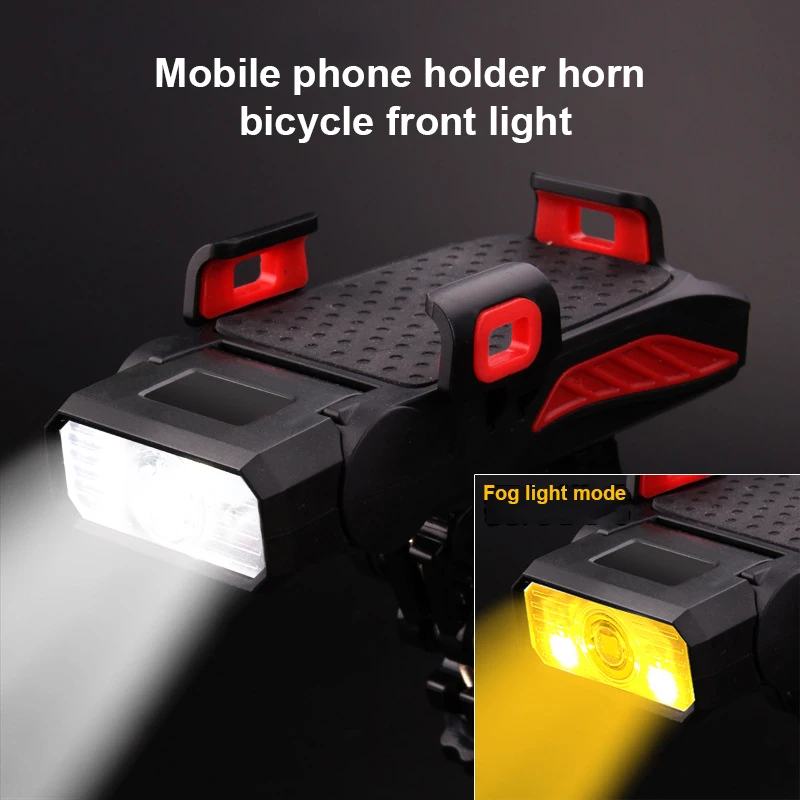 

4in1 Bicycle Mobile Phone Holder Headlight Speaker Bike Phone Support Bracket Alarm Bell Front Light USB Charging Treasure Rack