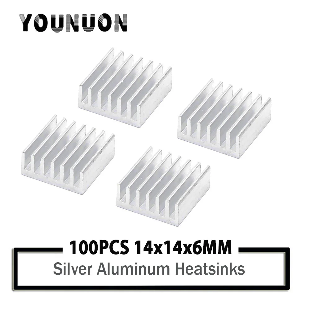 Yonuon-radiador de Calor de Alumínio Prateado 100 Peças 14x14x6 mm para Cpu Gpu Vga Ram com Led e Fita de 3m Ventiladores e resfriadores