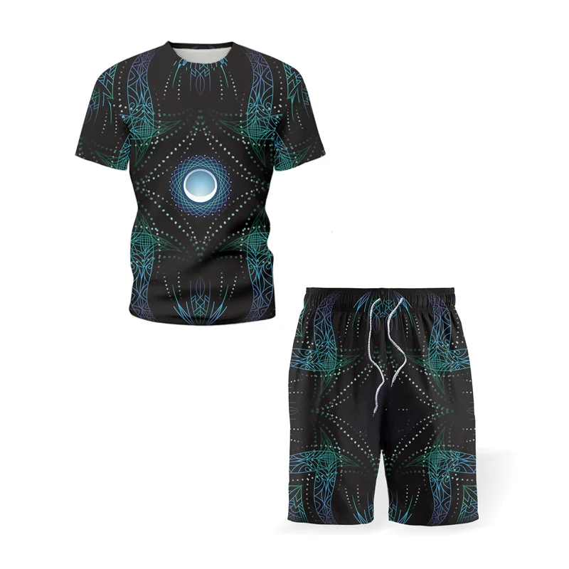 

New men's suits printed Hawaii, 2021 summer O collar T-shirt with short sleeves beach shorts outdoor leisure man 2 piece suit