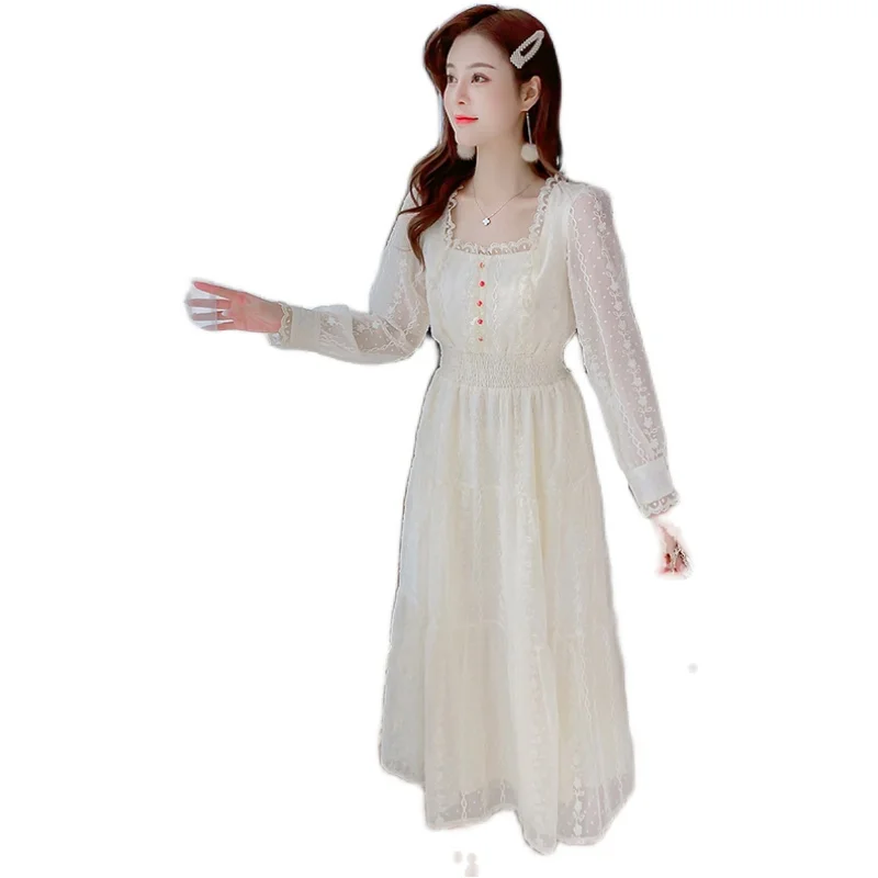 

COIGARSAM French Style Full Sleeve Women Long dress New Spring Vintage Lace High Waist Dresses 9260