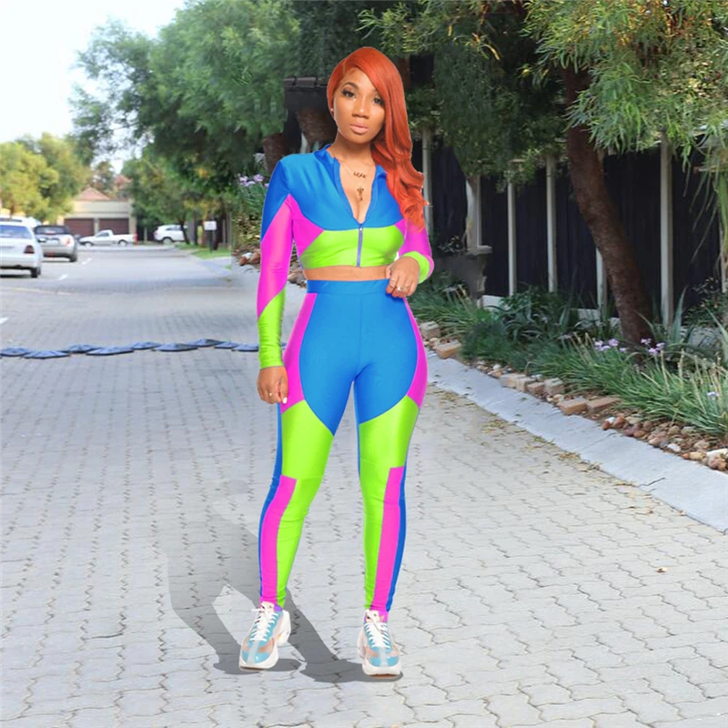 

Autumn Two Piece Set for Women Zip V Neck Long Sleeve Crop Top and Pants Set Sexy Club Outfits Sweatsuit Wholesale Dropshipping