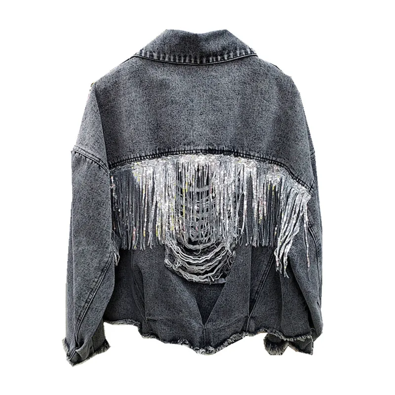 Женская Осенняя джинсовая куртка с кисточками и блестками | одежда