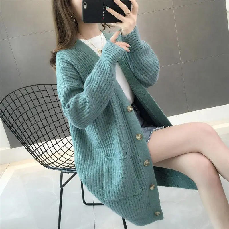 

Ladies Knitted V-neck Cardigan Mid-length Coat Casual Loose Single-breasted Jacket Female Warm Thick Outwear Women Autumn Winter