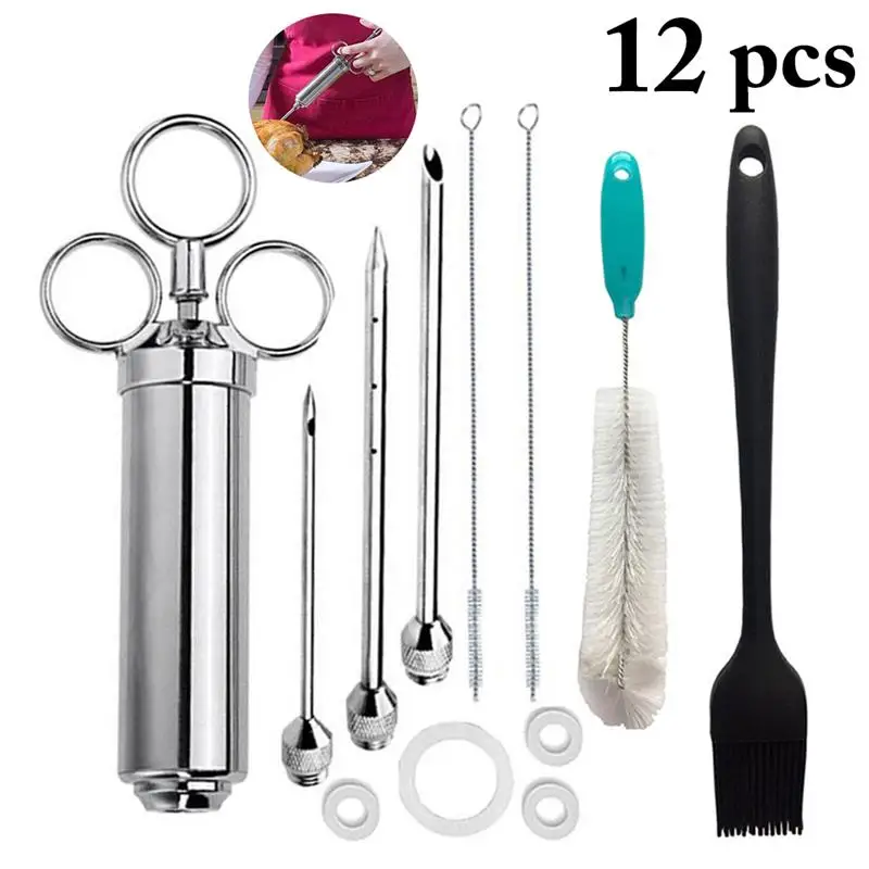 

12pcs 3 Needles Meat Injector Syringe Poultry Marinade Flavour Injector Meat Seasoning Injectors BBQ Kit Kitchen Tools