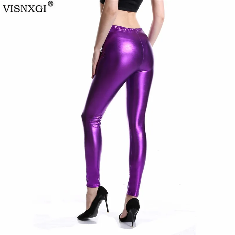 VISNXGI Women Glitter Skinny Faux Patent Leather Leggings Pencil High Waist Shiny Gold Push Up Punk Gym Pants Running Jegging