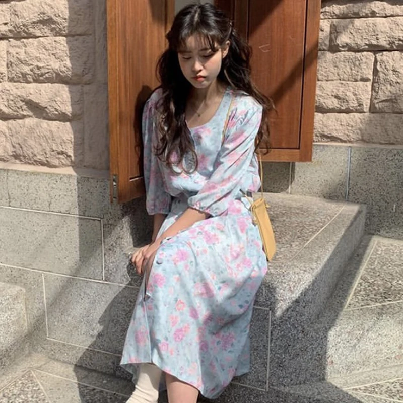 

Summer 2021 Dress Women Contrast Color Print New Round Neck Half Puff Sleeve Loose Fit Fashion Tide Female Long Dress