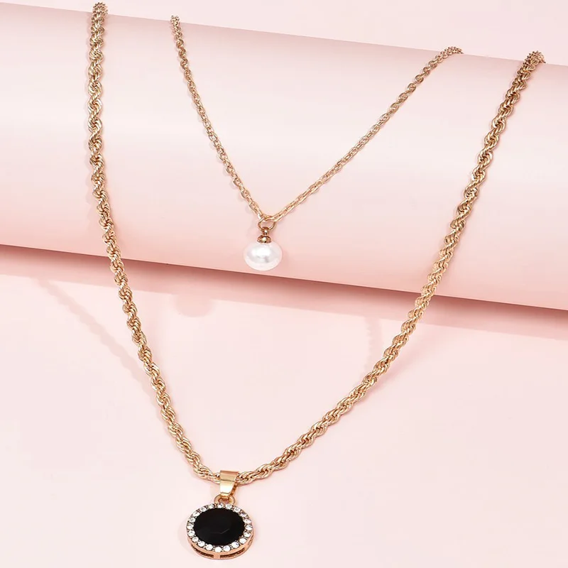Цепочка Женская двухслойная черная в стиле ретро Хрустальная жемчужная подвеска