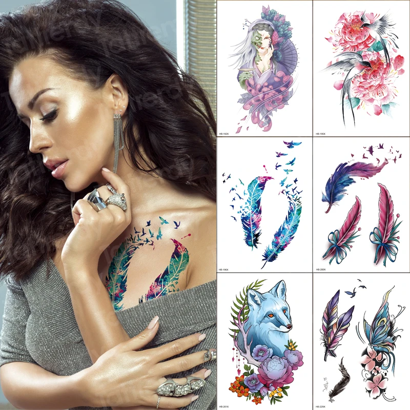 

Feather Birds Temporary Tattoos Waterproof Women Tattoo Sticker Fashion Fake Body Art Girl Tatoo 6pcs/set Big Watercolor Lot