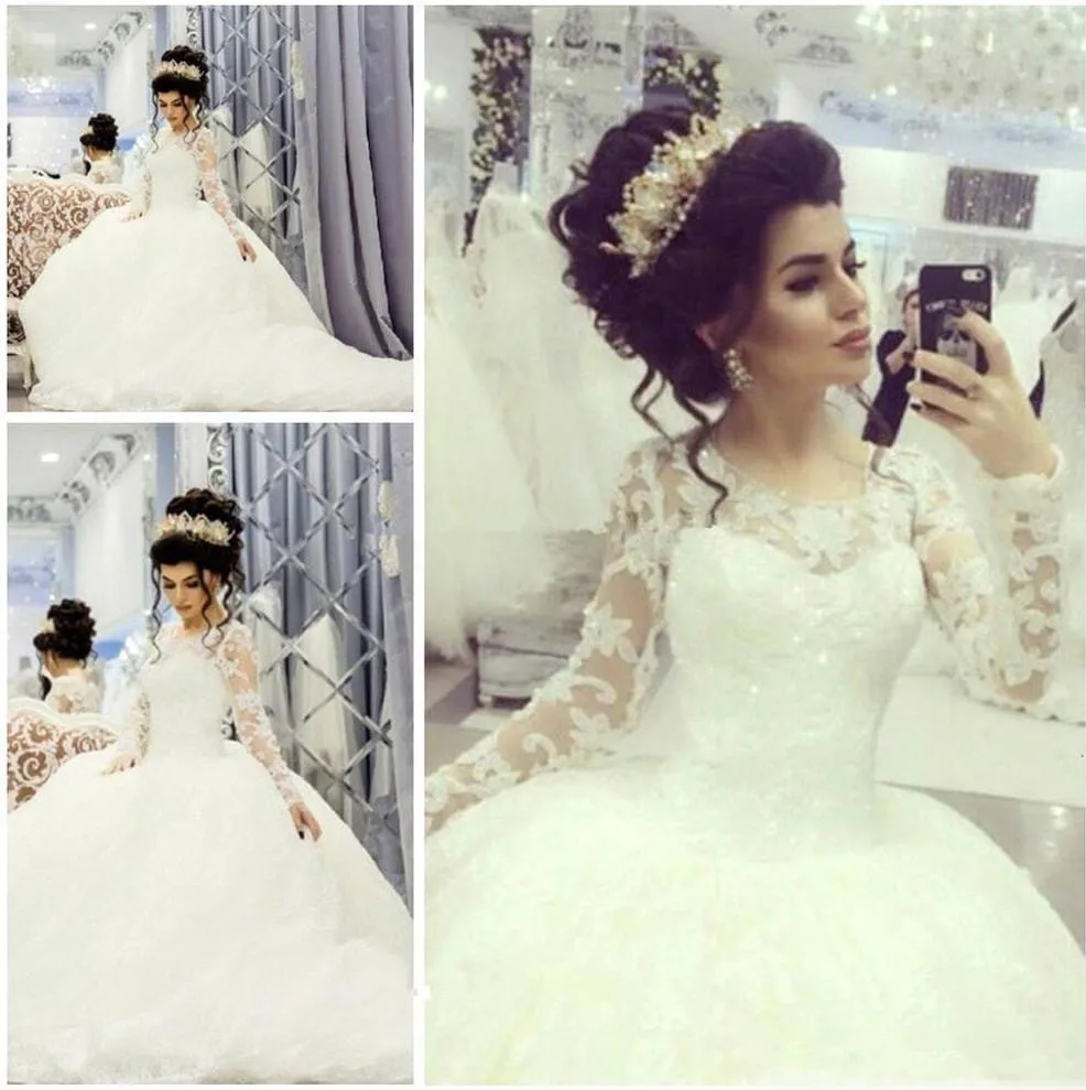 

Luxury Arabic Ball Gown Wedding Dresses Long Sleeves Lace wedding gowns lace-up Vintage Vestido De Noiva Sexy Bridal Gowns
