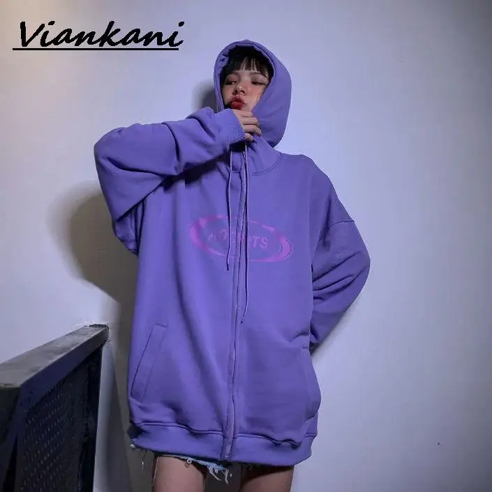

Women Jackets Violet Gray Black Hooded Letter Printed Loose Bf Oversize 2021 Autumn New Fashion High Street Jackets Womens Tops