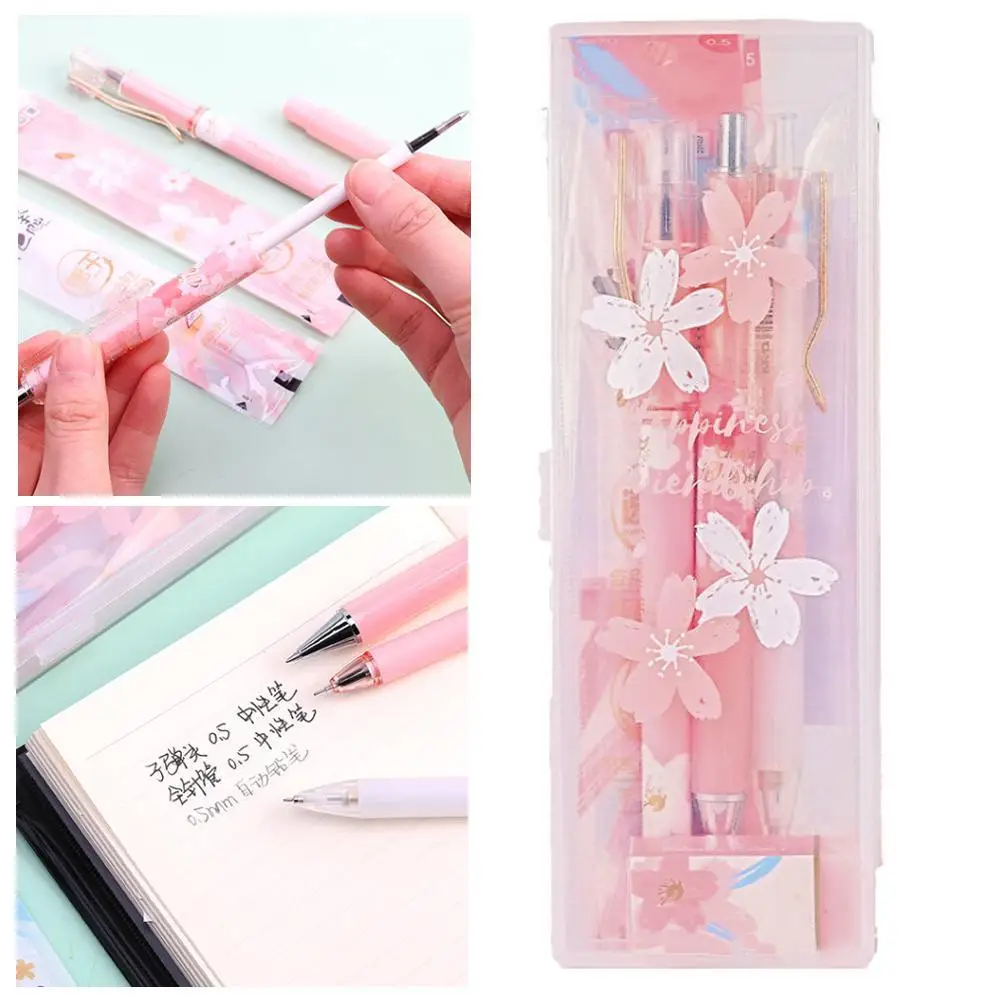 

8PCS/set Sakura Gel Pens 0.5mm Mechanical Pencil With Box Pen Kawaii Refills Stickers Set For Girls Gift Stationery School U1O2