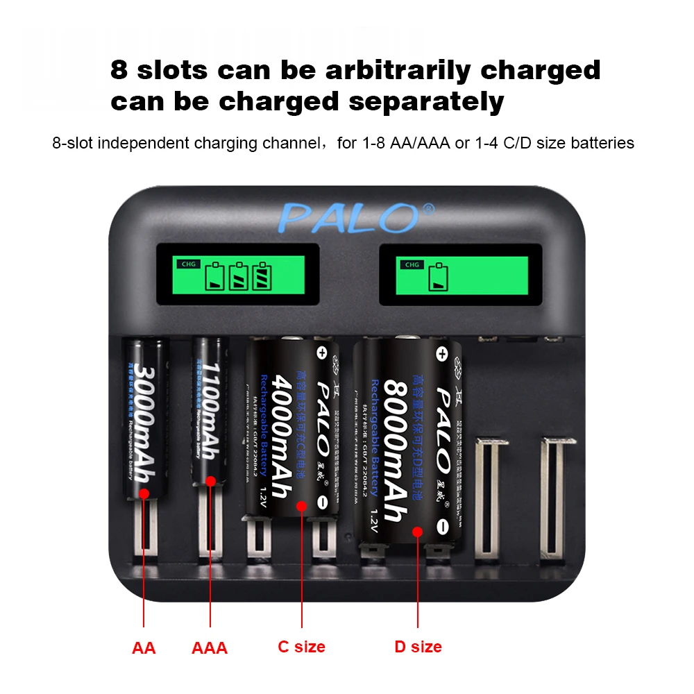 Зарядное устройство PALO с 8 слотами USB для аккумуляторов 1 2 в Ni MH/Ni CD AA AAA C D умное