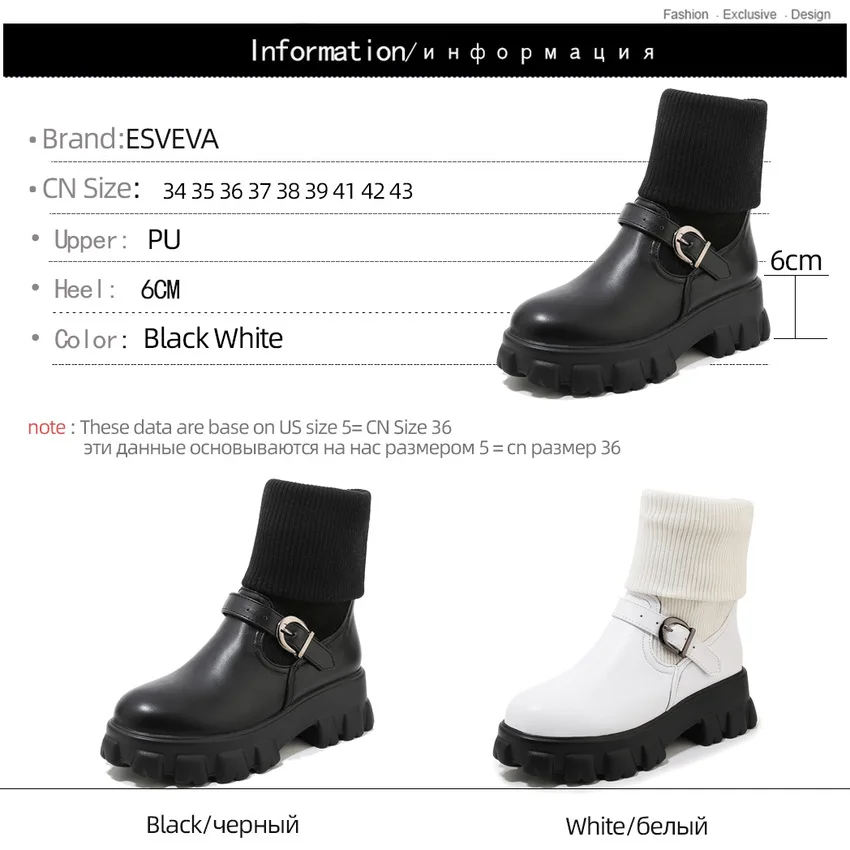 

ESVEVA 2020 Casual Platform Buckle Autumn Winter Slip on Women Shoes PU Leather Knitting Square Heel Ankle Boots Big Size 34-43