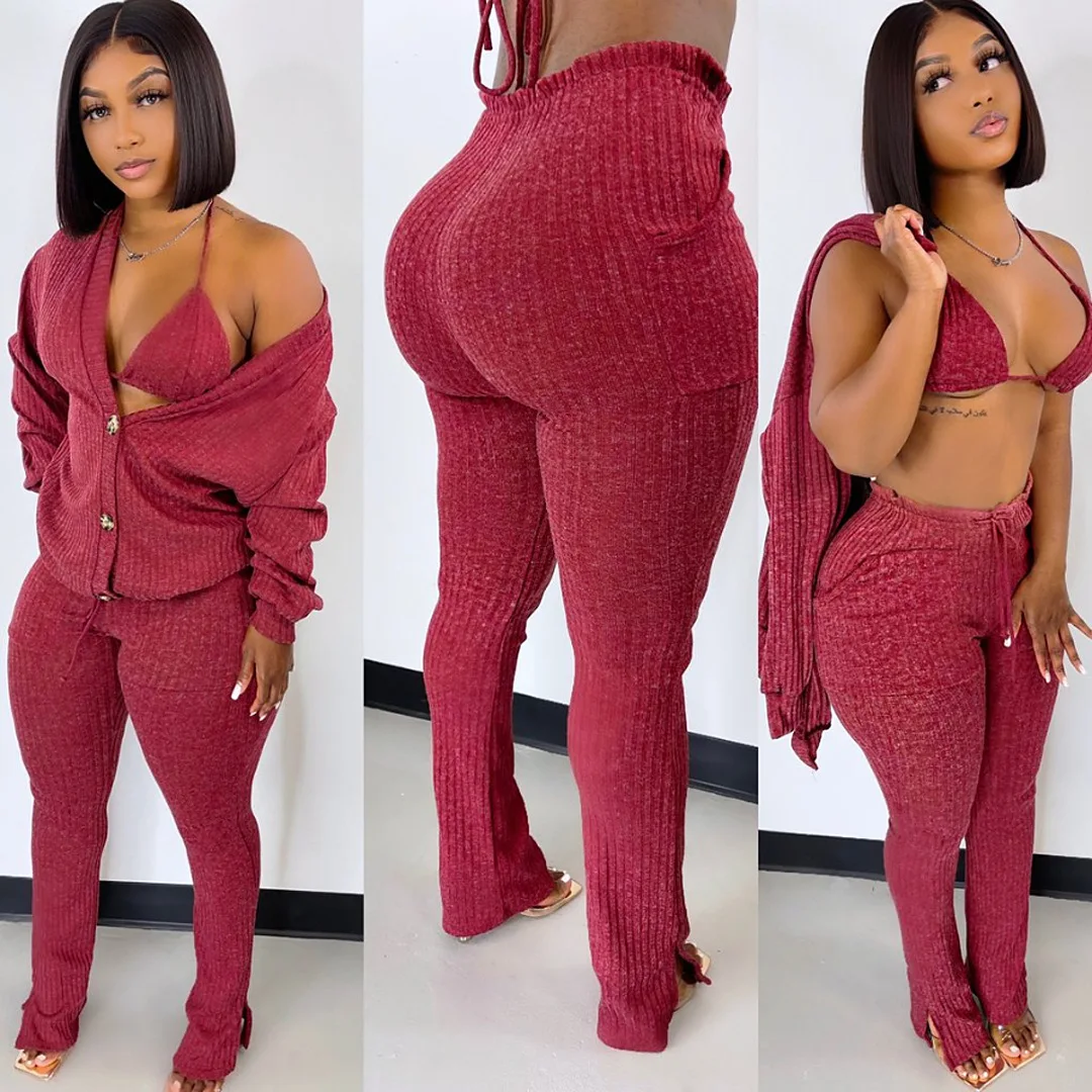 

Solid Wool Knitted Rib 3 Piece Set Fall Winter Clothes for Women Casual Button Coat + Slit Flare Pants Tracksuit Women Sweatsuit