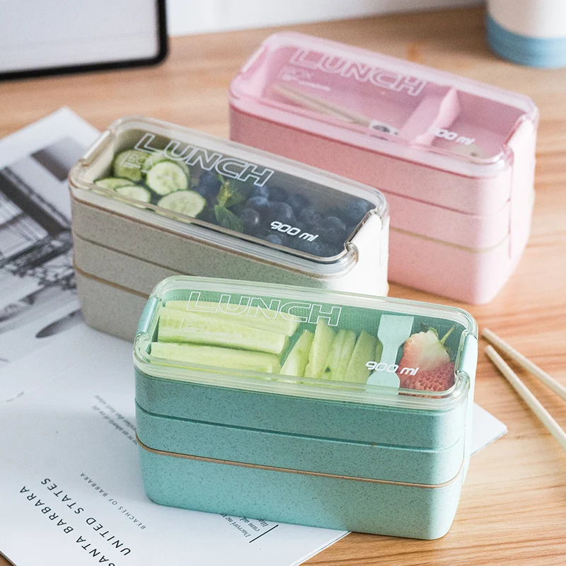 900ml Portable Healthy Material Lunch Box 3 Layer Wheat Straw Bento Boxes Microwave Dinnerware Food Storage Container Foodbox