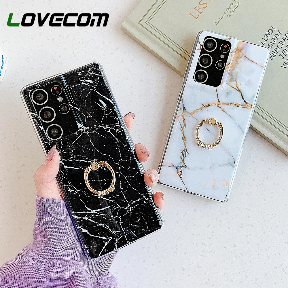 

LOVECOM Classic Vintage Glossy Marble Case With Ring For Samsung S21 S20 Ultra S10 Plus Note 20 10 A70 A90 Soft IMD Crack Cover