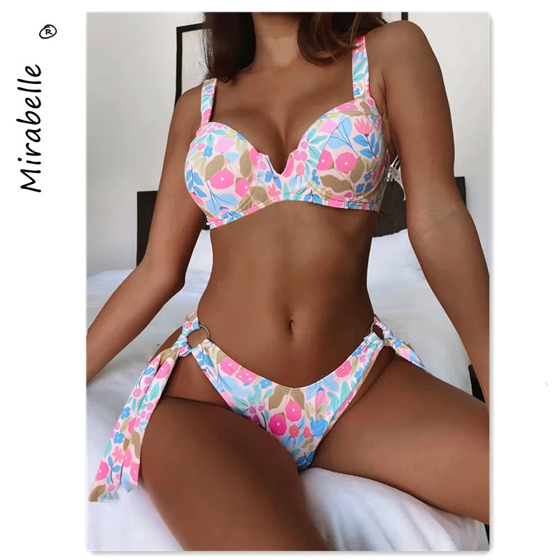 

Бикини MIRABELLE с эффектом пуш-ап, женский купальник с цветочным принтом, купальники с завязкой на талии 2021, бикини с высоким вырезом, сексуальн...