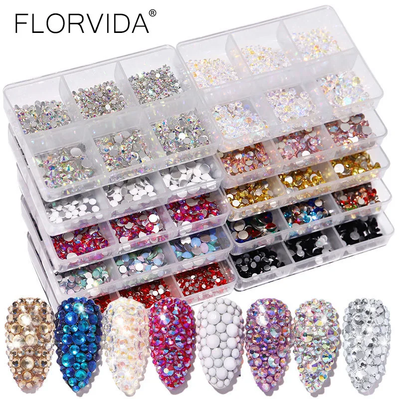 

FlorVida 900/1500pcs Crystal Rhinestone Decorations For Nail Art Gem Stones 3D AB Flat Grids 6 Sizes Mix Box Transparent Acrylic