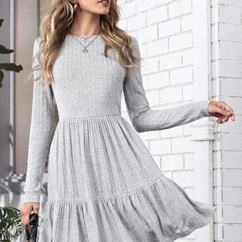 

Dresses Woman Early Autumn 2022 Gray O-neck Long Sleeve Ruffle Hem Elegant Flexible Casual Srteet Inside Short Knitted Dress 4XL