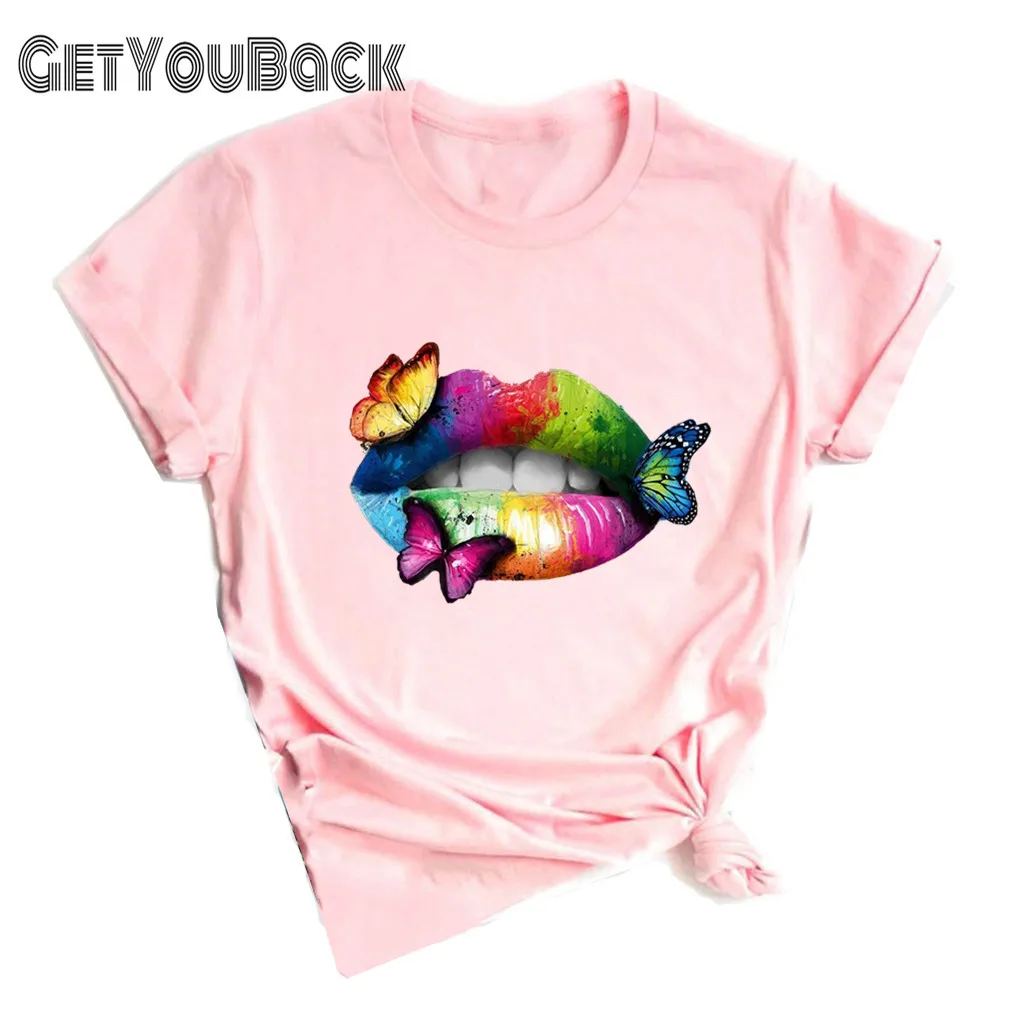 Радуга для губ в виде цветов и бабочек винтажном стиле Женская футболка девочек