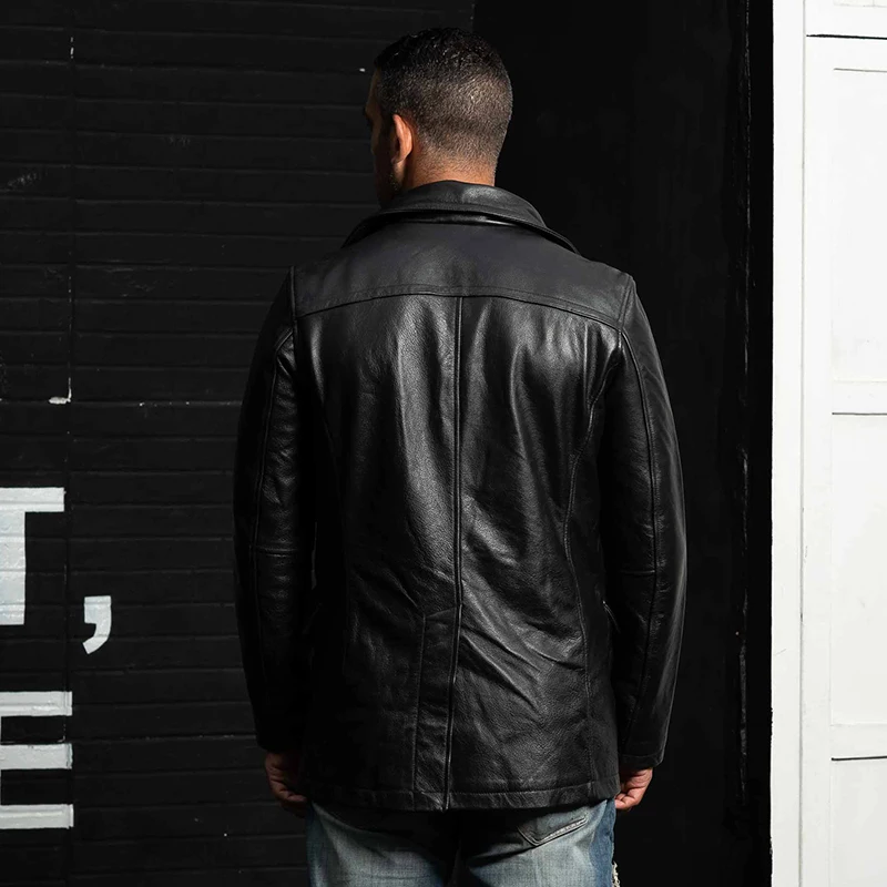 

2020 Black Men Long Genuine Casual Jacket Double Breasted Plus Size 5XL Thick Cowhide Russian Leather Pea Coat