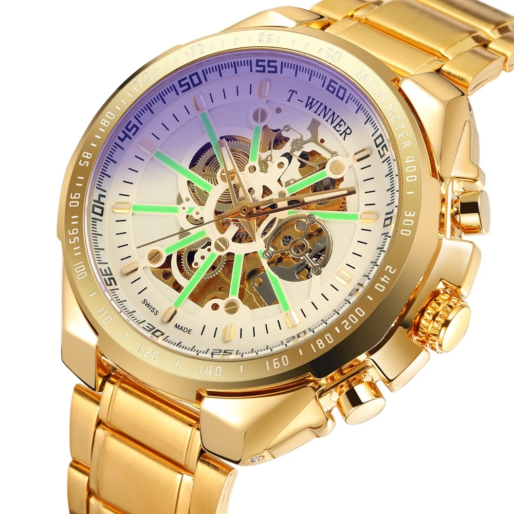 

T-WINNER New Wristwatches Men's Skeleton Gear Auto Mechanical Luminous Stainless Steel Watches Gift Box Free Ship