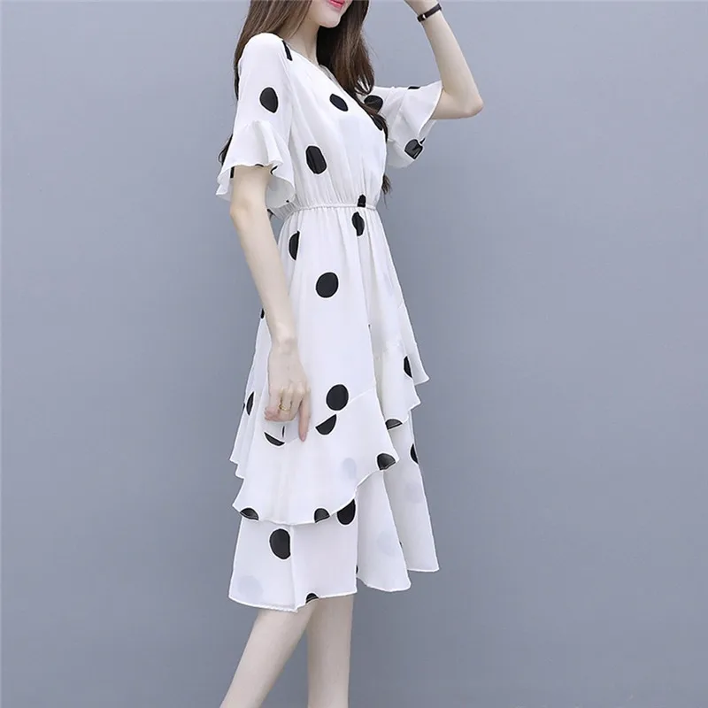 Plus Size Dress Women Fashion Summer V-Neck Knee Length Short Sleeve Wave Point Elegant Temperament Vestidos Mujer | Женская одежда