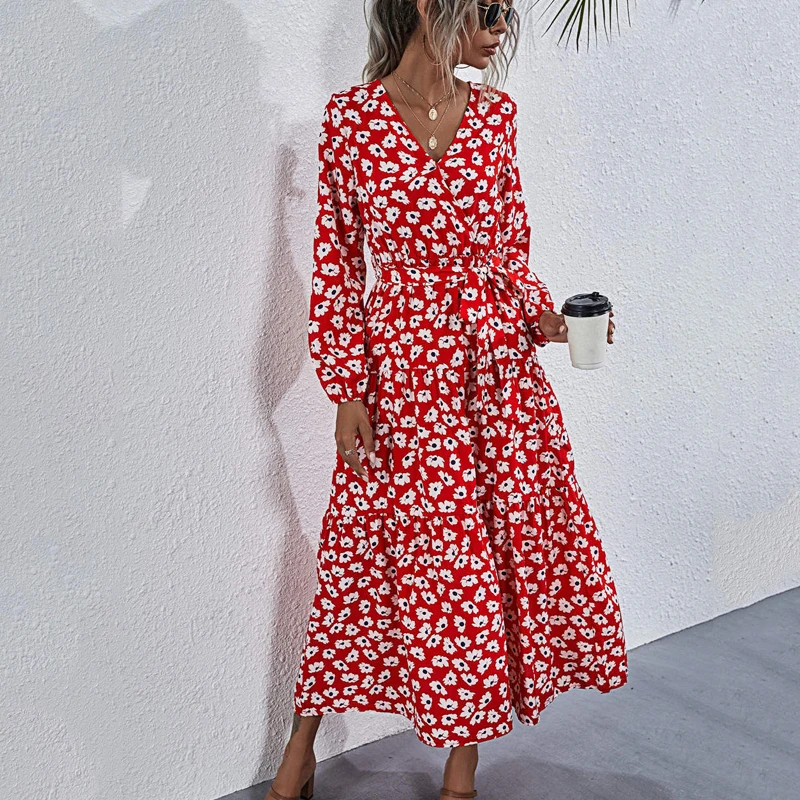 

High Street Print dress 2020 Autumn and Winter New V-neck Lace-up Lantern Sleeve Swinging Dress women clothes vestidos de mujer